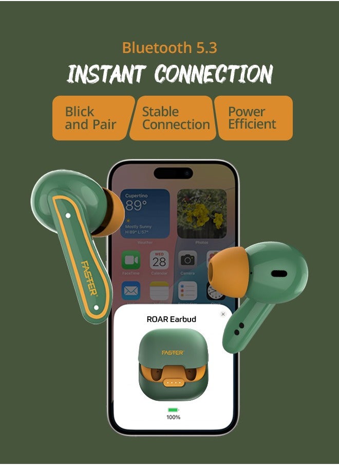 Faster - Roar Wireless Earbuds with Noise Cancellation (ANC+ENC) - 36 Hours Playtime with Bluetooth 5.3 - IPX4 Water Resistant - Gaming Bluetooth Earphones with Ultra-Low Latency - Deep Bass, Touch Control - For Exercise, Gym - Compatible with iPhone & Android (Green) - Image 1