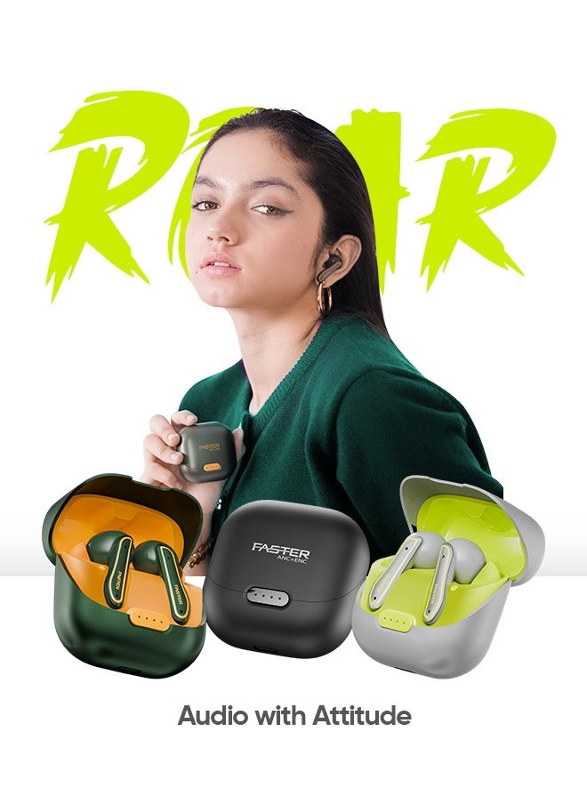 Faster - Roar Wireless Earbuds with Noise Cancellation (ANC+ENC) - 36 Hours Playtime with Bluetooth 5.3 - IPX4 Water Resistant - Gaming Bluetooth Earphones with Ultra-Low Latency - Deep Bass, Touch Control - For Exercise, Gym - Compatible with iPhone & Android (Green) - Image 1
