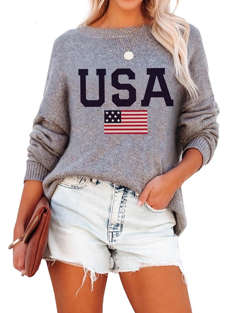 Lacozy USA Sweater for Woman Lightweight Long Sleeve Crew Neck American Flag Sweatshirt 4th of July Outfit Grey S - Image 1