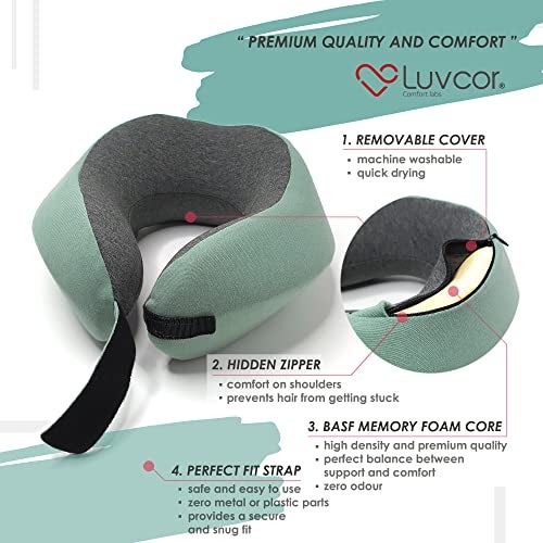 Luvcor Premium Quality Memory Foam Travel Neck Pillow Bundle - Best Ergonomic Pillow for Airplane Travel, car Ride, Sleeping. Comes with Eye mask, earplugs and Storage Bag. (Imperial Green) - Image 3