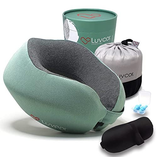 Luvcor Premium Quality Memory Foam Travel Neck Pillow Bundle - Best Ergonomic Pillow for Airplane Travel, car Ride, Sleeping. Comes with Eye mask, earplugs and Storage Bag. (Imperial Green) - Image 1