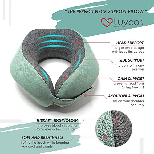 Luvcor Premium Quality Memory Foam Travel Neck Pillow Bundle - Best Ergonomic Pillow for Airplane Travel, car Ride, Sleeping. Comes with Eye mask, earplugs and Storage Bag. (Imperial Green) - Image 2