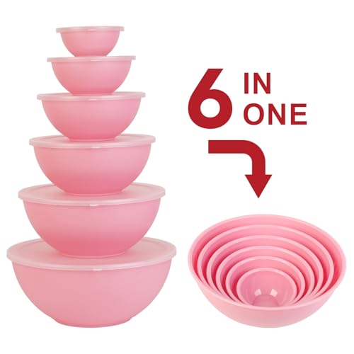 BoxedHome BPA Free Plastic Round Mixing Bowl with Lids, 12 Pack Nesting Bowls with Lids Set, Microwave and Dishwasher Safe Prep & Serving Bowls Great for Mixing, Baking, Serving (Pink, 12pcs) - Image 3