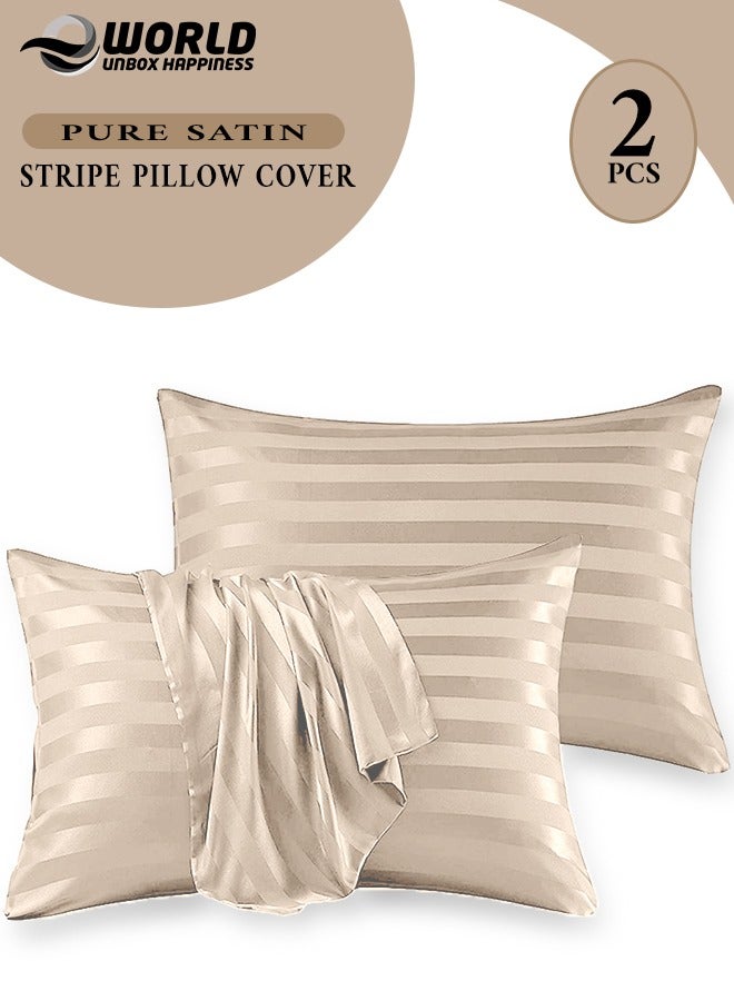 Eworld Set of 2 Cream Satin Stripe Pillow Covers Featuring 300 Thread Count, 1cm Satin Stripe, Envelope Closure, Cool, Breathable & Premium Quality - Image 1