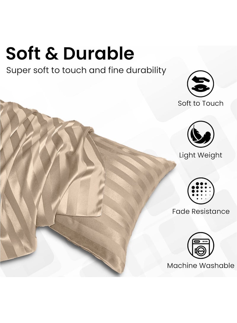 Eworld Set of 2 Cream Satin Stripe Pillow Covers Featuring 300 Thread Count, 1cm Satin Stripe, Envelope Closure, Cool, Breathable & Premium Quality - Image 5