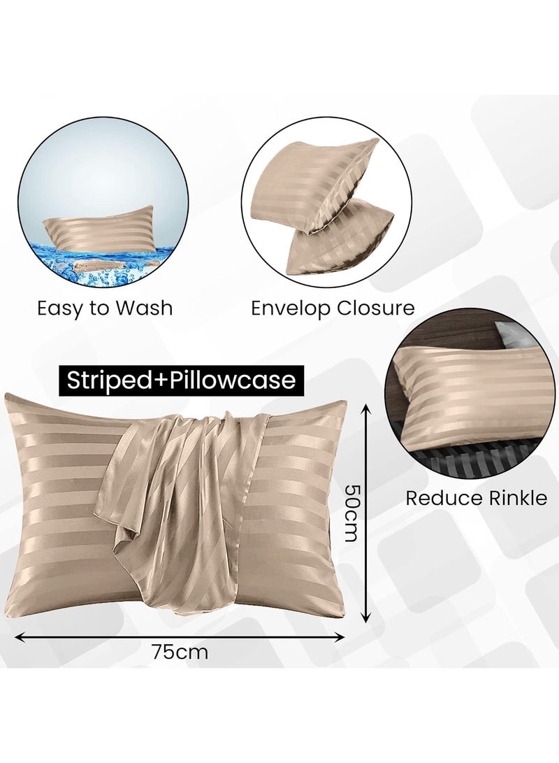 Eworld Set of 2 Cream Satin Stripe Pillow Covers Featuring 300 Thread Count, 1cm Satin Stripe, Envelope Closure, Cool, Breathable & Premium Quality - Image 2