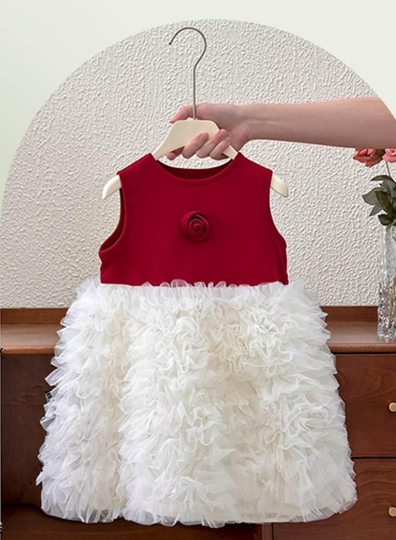 2–3Y Toddler Girl Summer Princess Gown, Red and White Ruffled Dress with Rose Detail, Perfect for Birthday, Weddings, Pageants, Eid Parties, Fits Height 90–100cm - Image 4