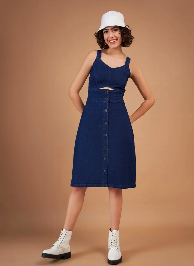SASSAFRAS Navy Blue Cut-Out Denim A-Line Dress for Girls