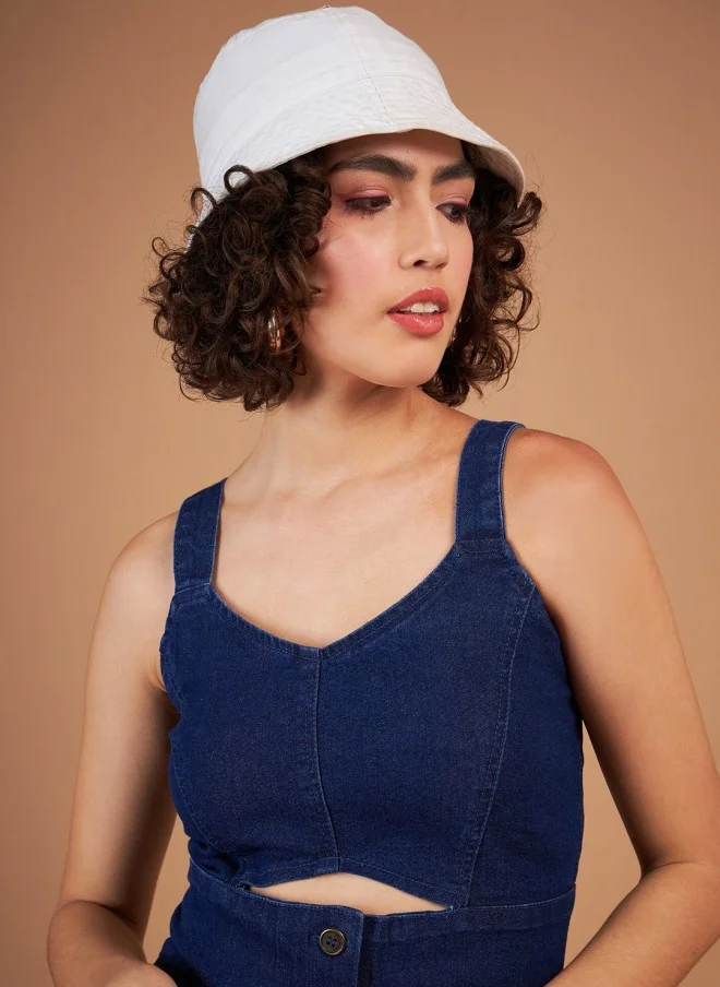 SASSAFRAS Navy Blue Cut-Out Denim A-Line Dress for Girls