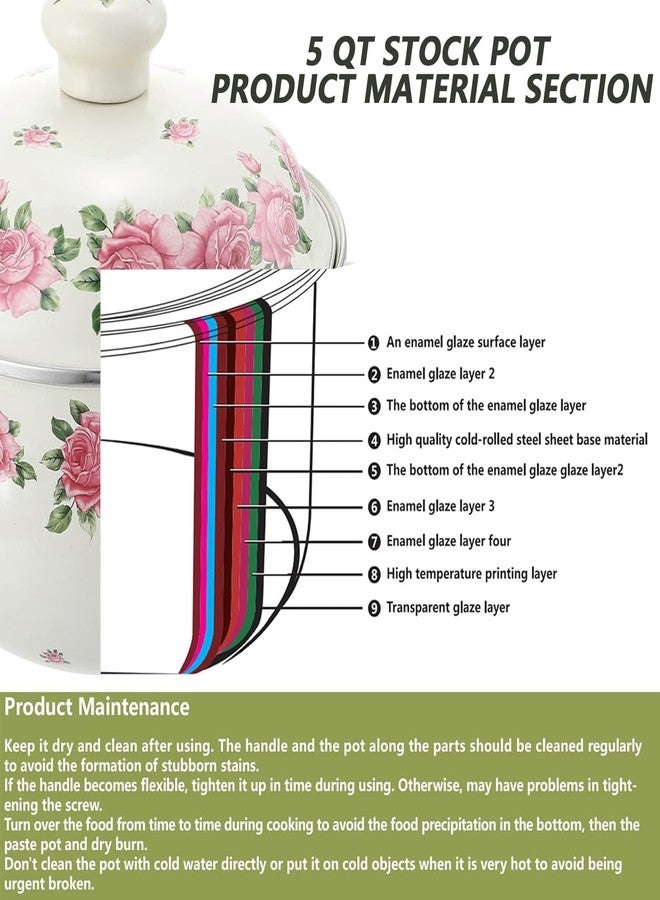 OLYTARU Retro Flower Enamel Stockpot with Lid,Stockpots for Cooking (Pink -5QT) - Image 2
