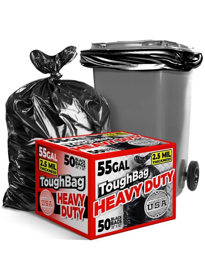 ToughBag 55 Gallon Trash Bags, 2.5 Mil Contractor Bags - 50 Count, Large 55-60 Gallon Trash Can Liners, Black Contractor Garbage Bags, 38 x 58" - Made in USA - Image 1
