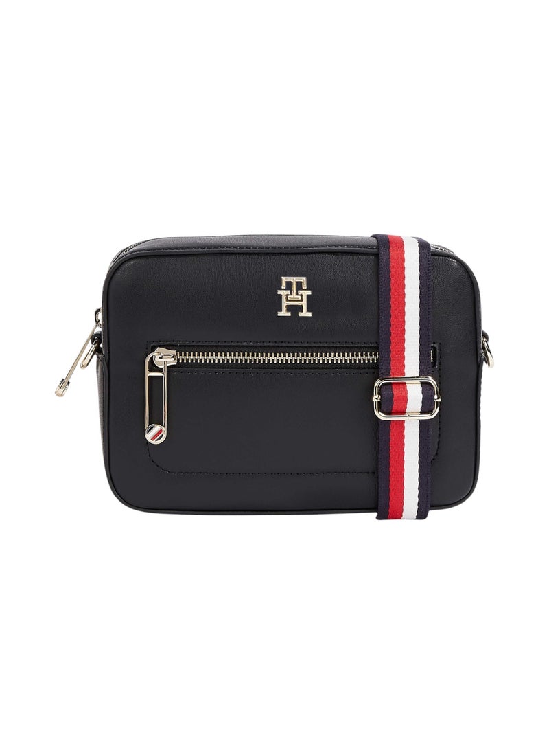 TOMMY HILFIGER Women's Iconic Signature Strap Camera Bag - Faux Leather, Blue 