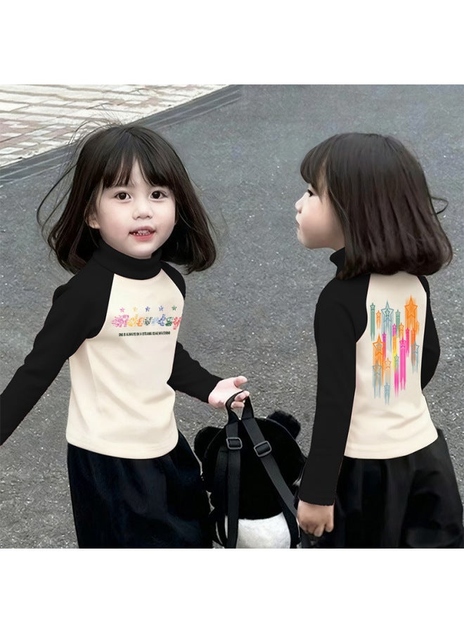 Girls' Thermal Base Layer Top Autumn And Winternew Style For Older Children, Half Turtleneck, Warm Inner Layer, Color-blocking Long Sleeves