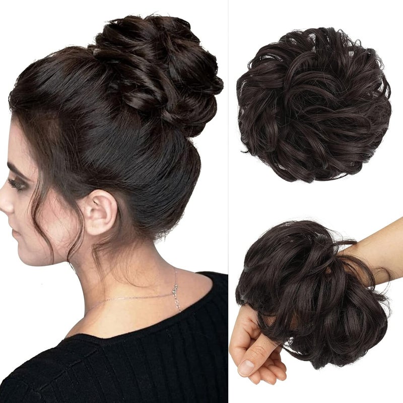 FESHFEN Messy Bun Hair Piece  Large Wavy Curly Elastic Hair Bun Scrunchies Ponytail Extensions Synthetic Chignon Hairpieces for Women Dark Brown 194oz