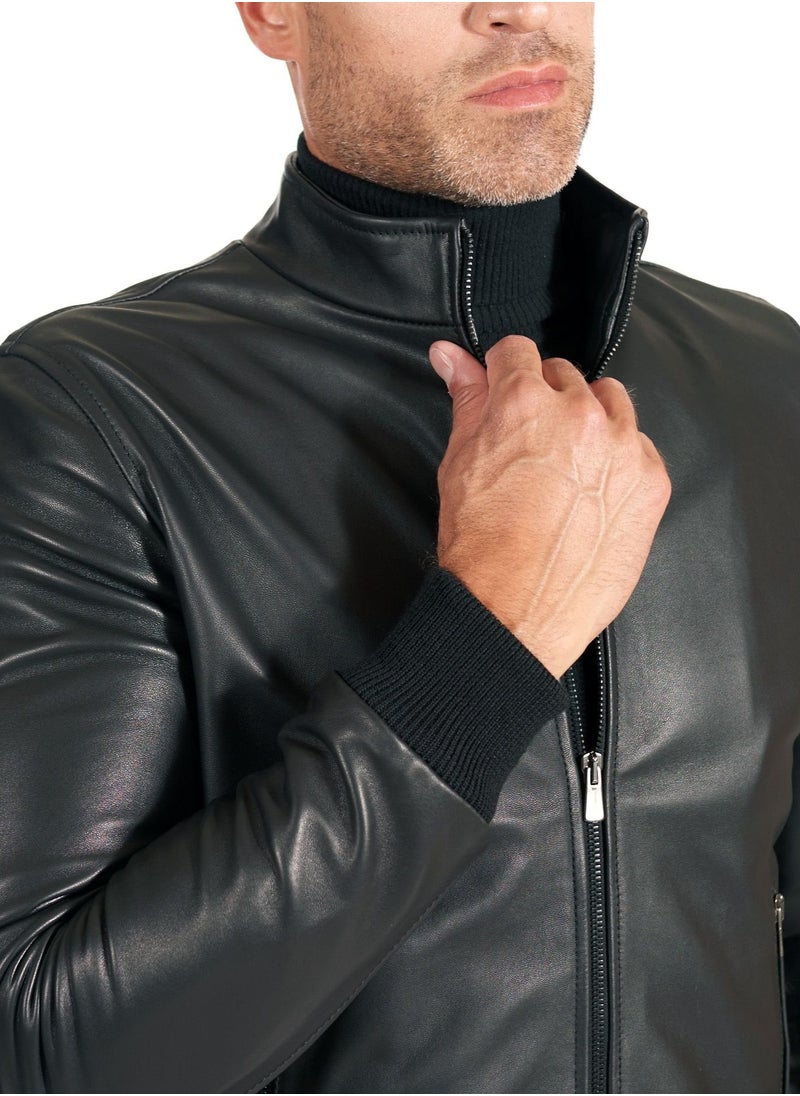 Generic - Top leather (T23) Mens Casual Stand Collar Slim Fit Genuine Leather Jacket Biker Motorcycle Jacket - Image 1