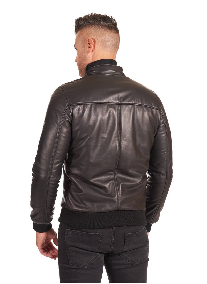 Generic - Top leather (T23) Mens Casual Stand Collar Slim Fit Genuine Leather Jacket Biker Motorcycle Jacket - Image 1