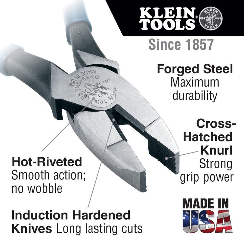 Klein Tools D213-9 High Leverage Lineman's Square Nose Pliers - 9-Inch, Made in USA - Image 2