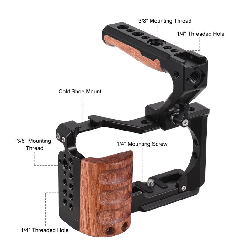 Camera Cage + Top Handle Kit Aluminum Alloy Video Cage with Cold Shoe Mount 1/4 Inch& 3/8 Inch Threads Replacement for Sony ZV-E10 Camera - Image 2