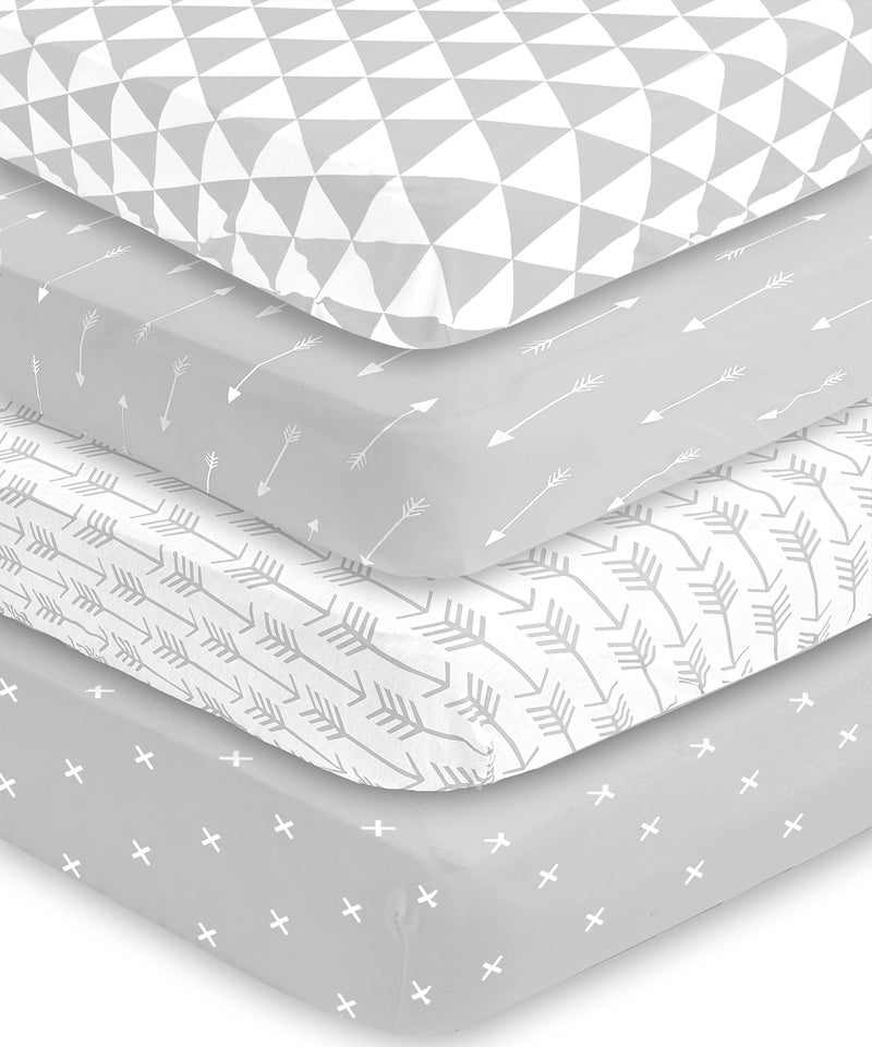 BaeBae Goods Crib Sheets for Baby Boys and Girls 4 Pack Soft and Breathable Jersey Knit Fitted Sheet Set Cute Gender Neutral Nursery Mattress Bedding Universal Fit Grey Triangles