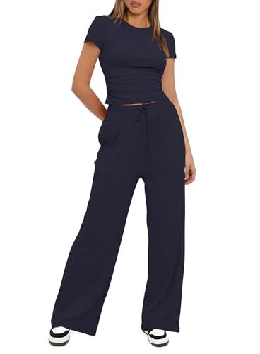Darong Women's Two Piece Outfits Lounge Sets Ruched Short Sleeve Pullover Tops and High Waisted Pants Tracksuit Sets 9042A Dark Blue XL - Image 3