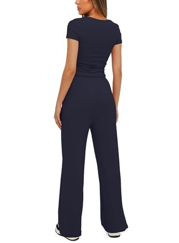 Darong Women's Two Piece Outfits Lounge Sets Ruched Short Sleeve Pullover Tops and High Waisted Pants Tracksuit Sets 9042A Dark Blue XL - Image 2