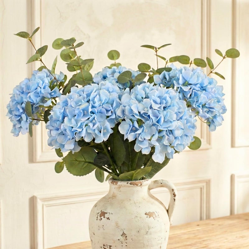RyddeligHome Blue Hydrangea Artificial Flowers Arrangement, 5 Real Touch Hydrangea Stems & 3 Faux Eucalyptus, Artificial Flowers for Table Centerpiece, Dining Room Living Room Decor, Spring Home Decor - Image 1