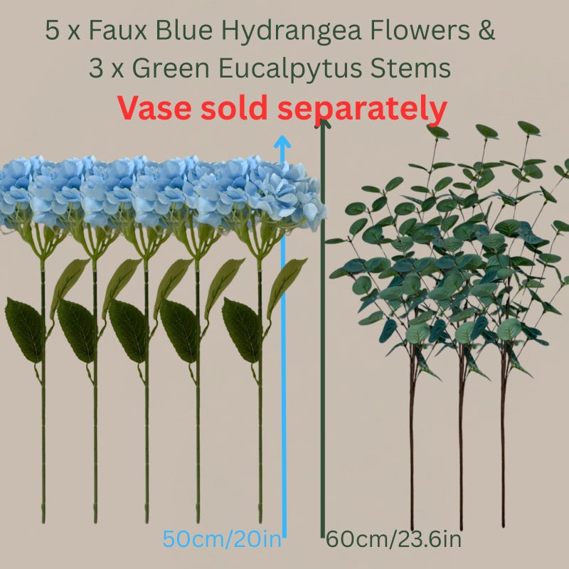 RyddeligHome Blue Hydrangea Artificial Flowers Arrangement, 5 Real Touch Hydrangea Stems & 3 Faux Eucalyptus, Artificial Flowers for Table Centerpiece, Dining Room Living Room Decor, Spring Home Decor - Image 4
