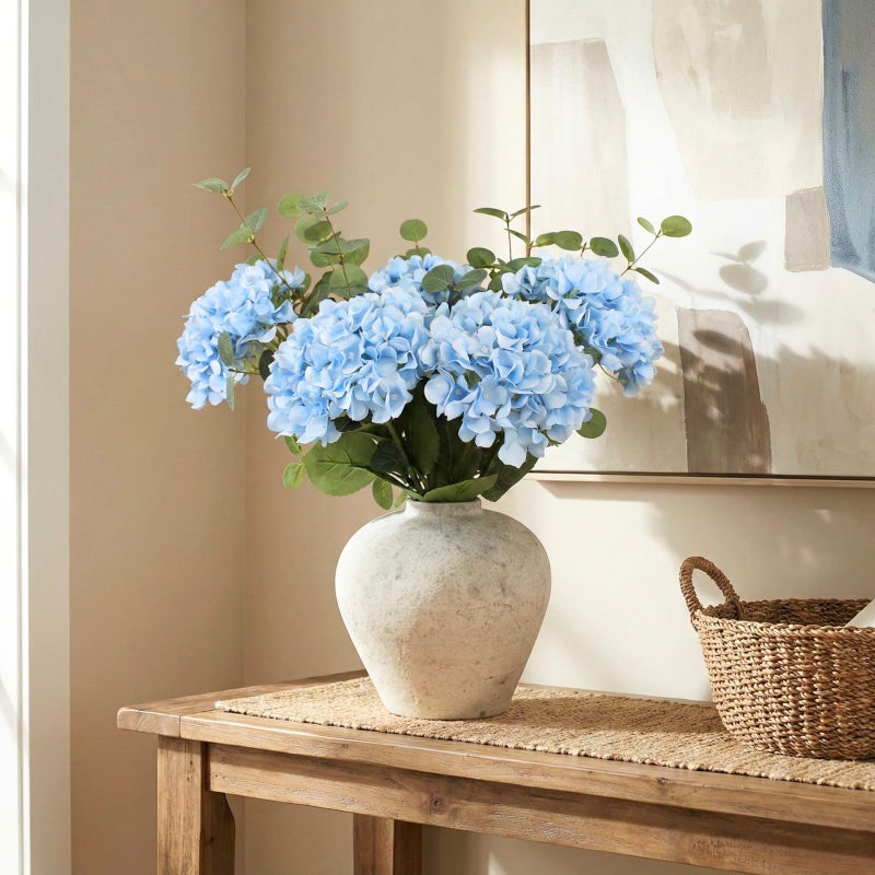 RyddeligHome Blue Hydrangea Artificial Flowers Arrangement, 5 Real Touch Hydrangea Stems & 3 Faux Eucalyptus, Artificial Flowers for Table Centerpiece, Dining Room Living Room Decor, Spring Home Decor - Image 2