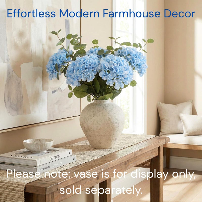 RyddeligHome Blue Hydrangea Artificial Flowers Arrangement, 5 Real Touch Hydrangea Stems & 3 Faux Eucalyptus, Artificial Flowers for Table Centerpiece, Dining Room Living Room Decor, Spring Home Decor - Image 3