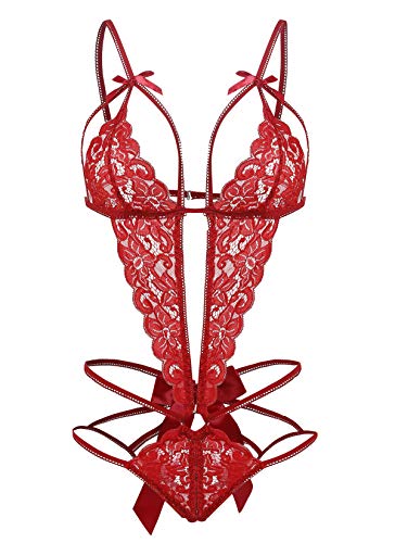 Donnalla Womens Lingerie Deep V Lace Teddy One Piece Lingerie Bodysuit Babydoll Teddy Underwear Red M