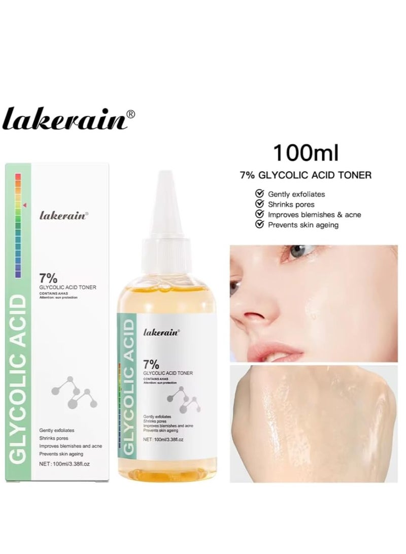 lakerain 100 مل من تونر حمض الجليكوليك بنسبة 7% يحتوي على أحماض ألفا هيدروكسي، محلول تقشير حمض الجليكوليك للوجه يرطب البشرة ويقلل من عيوبها، يصغر المسام، تونر مضاد للشيخوخة للوجه - Image 5