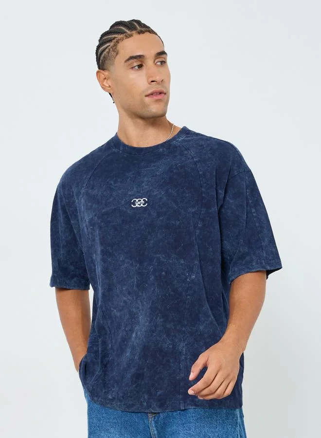 Styli Men Navy Blue Acid Wash Crew Neck T-Shirt