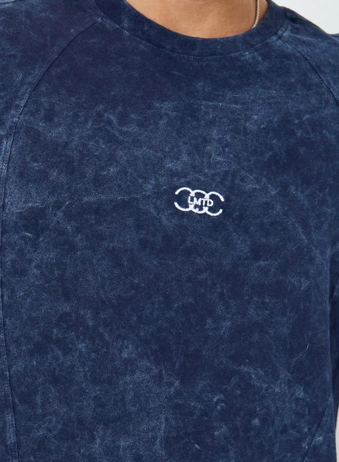 Styli Men Navy Blue Acid Wash Crew Neck T-Shirt