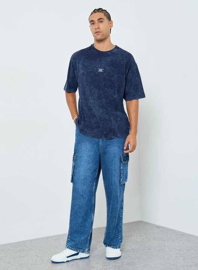 Styli  Men Navy Blue Acid Wash Crew Neck T-Shirt for Men | Best Price UAE