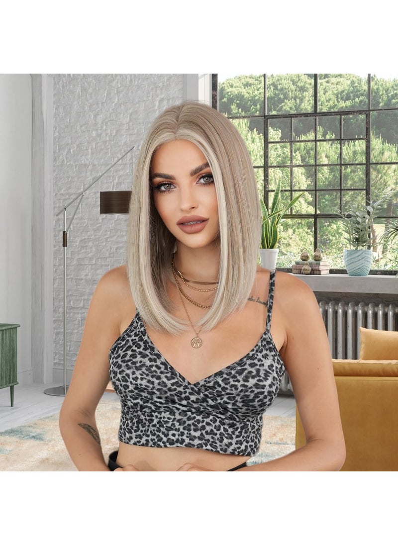 SENHORAS Ash Blonde Bob Wig Platinum Blonde Bob Wigs for Women 14 inch Mid Part Lace Wig Natural-Looking Synthetic Hair Wigs for Daily Party Cosplay Costume 