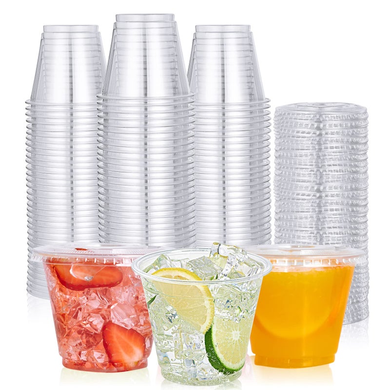 Lilymicky 200 PACK 9 oz Clear Plastic Cups with Flat Lids - Image 1
