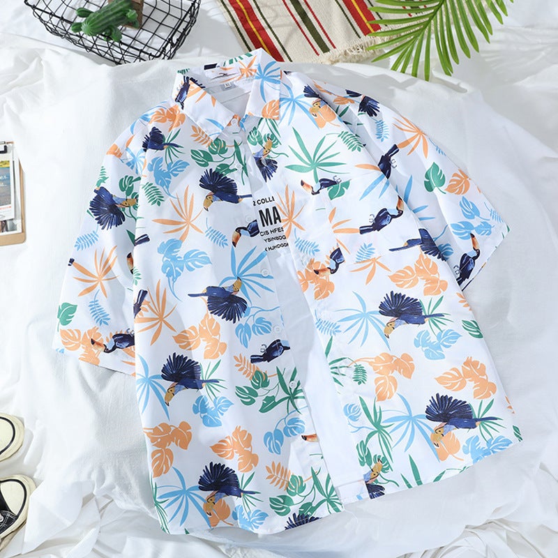 Floral Shirts For Men And Women, Short-Sleeved Retro Korean Style Handsome Printed Hong Kong Style Seaside Trendy Hawaiian Beach Shirts - Image 3