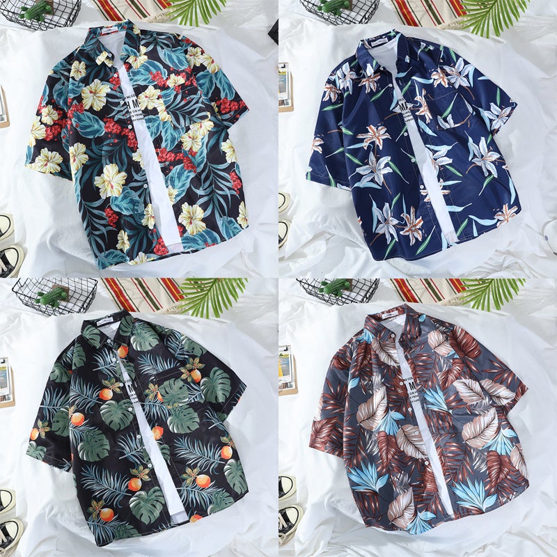 Floral Shirts For Men And Women, Short-Sleeved Retro Korean Style Handsome Printed Hong Kong Style Seaside Trendy Hawaiian Beach Shirts - Image 2