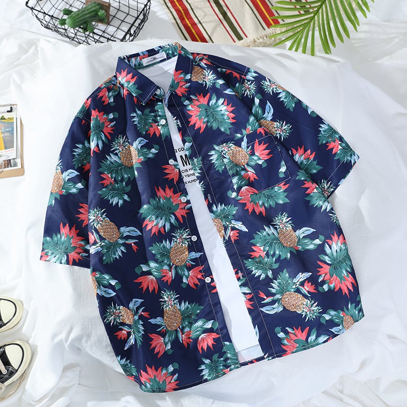 Floral Shirts For Men And Women, Short-Sleeved Retro Korean Style Handsome Printed Hong Kong Style Seaside Trendy Hawaiian Beach Shirts - Image 1