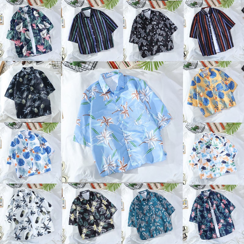 Floral Shirts For Men And Women, Short-Sleeved Retro Korean Style Handsome Printed Hong Kong Style Seaside Trendy Hawaiian Beach Shirts - Image 4