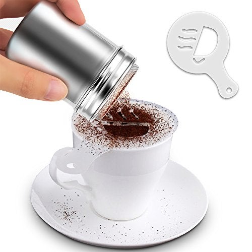 AIFUDA 3 Pack Stainless Steel Powder Shaker, Suger Shakers Coffee Cocoa Dredges with Fine-Mesh Lid, AIFUDA Power Can For Cooking Home Restaurant with 16 Pcs Printing Molds Stencils - Image 2