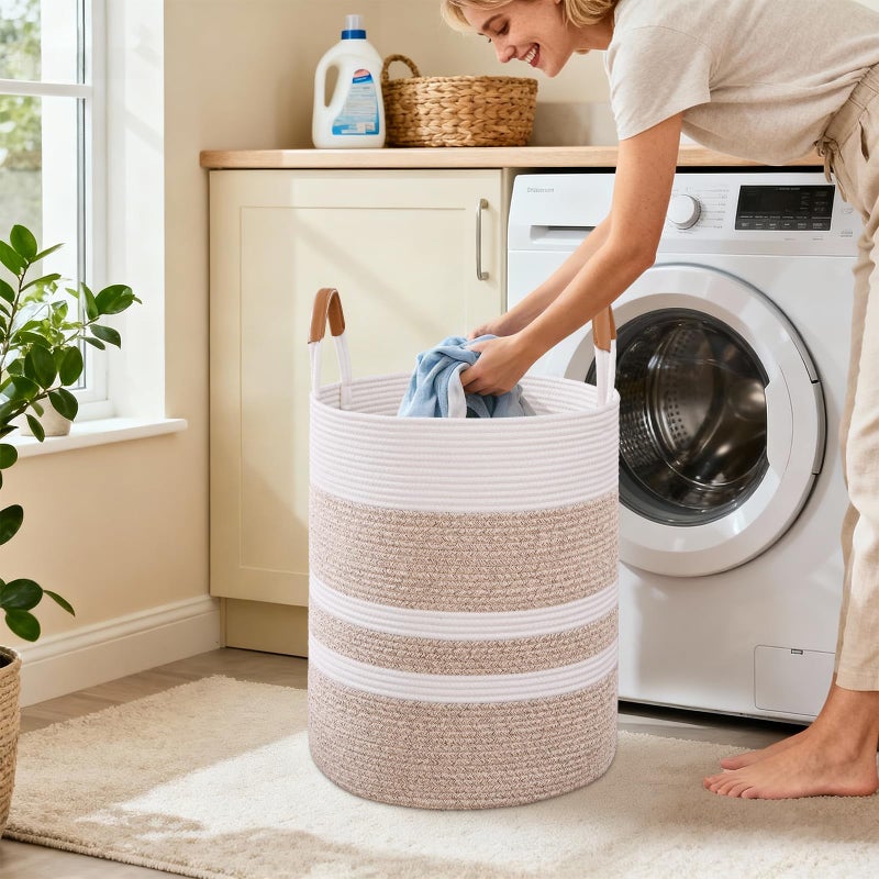 Degeyoyo 60L Striped Laundry Basket, Brown Laundry Hamper with Leather Handles, Woven Cotton Rope Storage Bin for Blankets, Nursery Hamper for Clothes, Toys In Bathroom, Livingroom, Bedroom - Image 2
