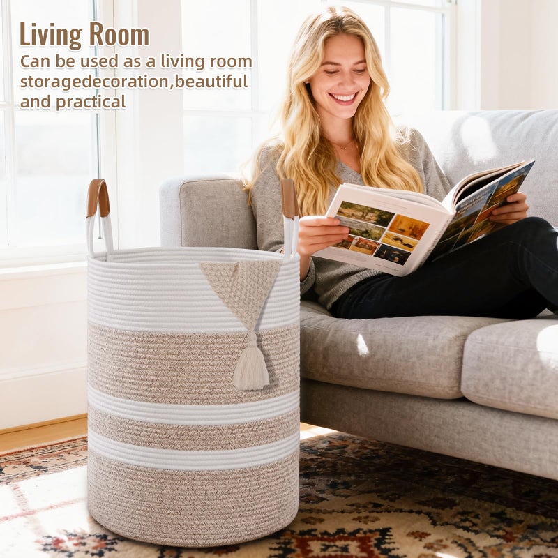 Degeyoyo 60L Striped Laundry Basket, Brown Laundry Hamper with Leather Handles, Woven Cotton Rope Storage Bin for Blankets, Nursery Hamper for Clothes, Toys In Bathroom, Livingroom, Bedroom - Image 3
