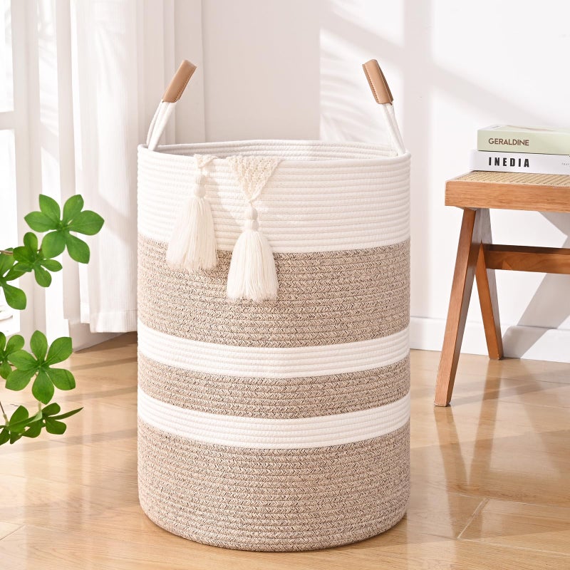 Degeyoyo 60L Striped Laundry Basket, Brown Laundry Hamper with Leather Handles, Woven Cotton Rope Storage Bin for Blankets, Nursery Hamper for Clothes, Toys In Bathroom, Livingroom, Bedroom - Image 1