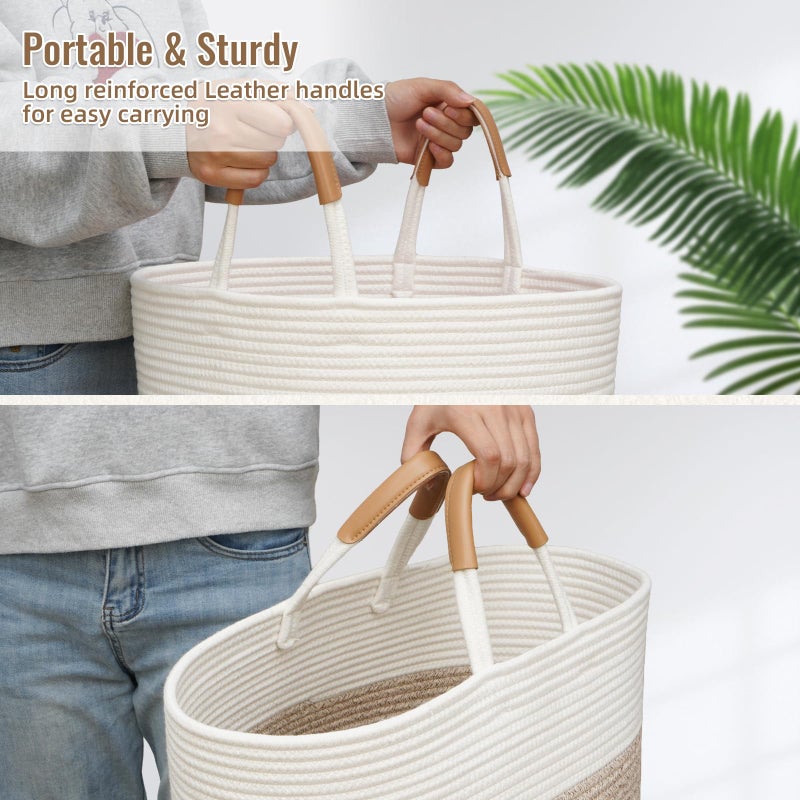 Degeyoyo 60L Striped Laundry Basket, Brown Laundry Hamper with Leather Handles, Woven Cotton Rope Storage Bin for Blankets, Nursery Hamper for Clothes, Toys In Bathroom, Livingroom, Bedroom - Image 5