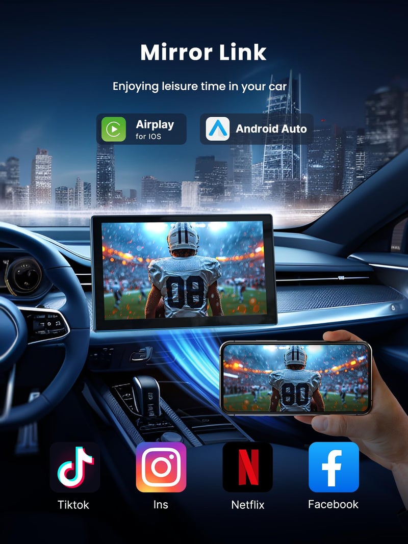 Jzones Portable CarPlay Screen for Car, 9'' Wireless Apple CarPlay & Android Auto Screen for Car, 4K Dash Cam, 1080P Backup Camera, GPS Navigation/Bluetooth/FM/Siri Voice Control for All Vehicles - Image 3