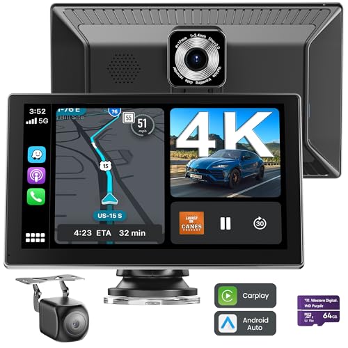 Jzones Portable CarPlay Screen for Car, 9'' Wireless Apple CarPlay & Android Auto Screen for Car, 4K Dash Cam, 1080P Backup Camera, GPS Navigation/Bluetooth/FM/Siri Voice Control for All Vehicles - Image 1