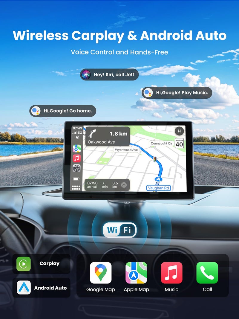 Jzones Portable CarPlay Screen for Car, 9'' Wireless Apple CarPlay & Android Auto Screen for Car, 4K Dash Cam, 1080P Backup Camera, GPS Navigation/Bluetooth/FM/Siri Voice Control for All Vehicles - Image 4