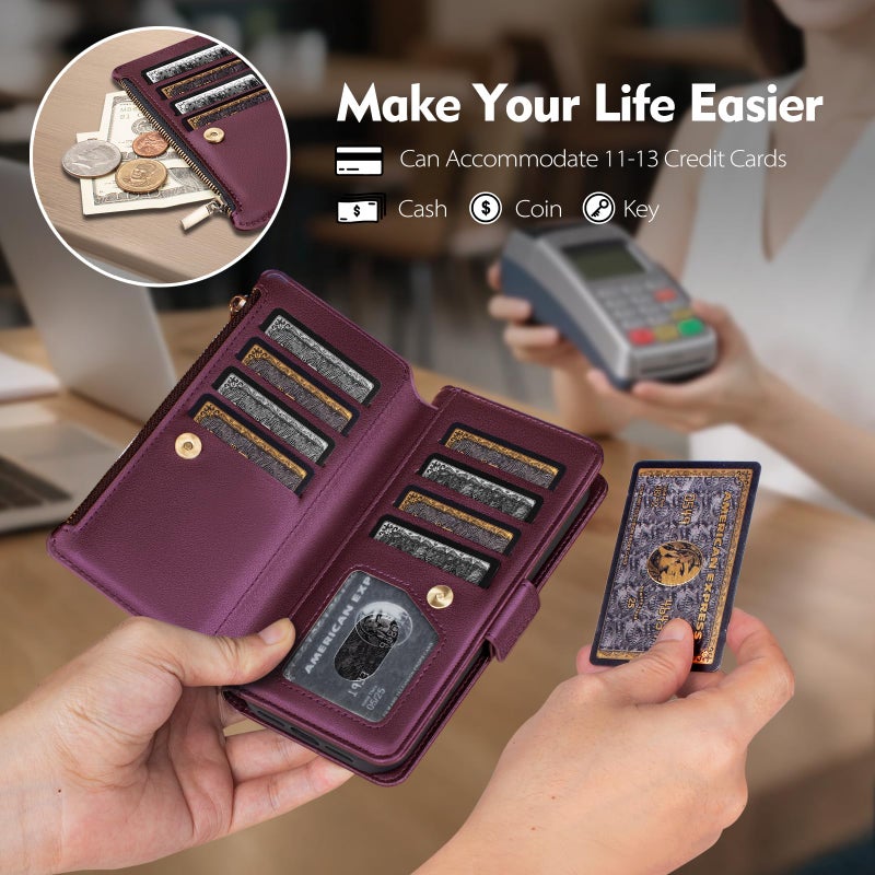 Antsturdy Compatible with Magsafe Magnetic 2 in 1 Detachable iPhone 15 Pro Max Wallet Case with Credit Card Holder Slots,PU Leather RFID Blocking Phone Cover Wrist Strap Zipper Women Men,Wine Red - Image 2