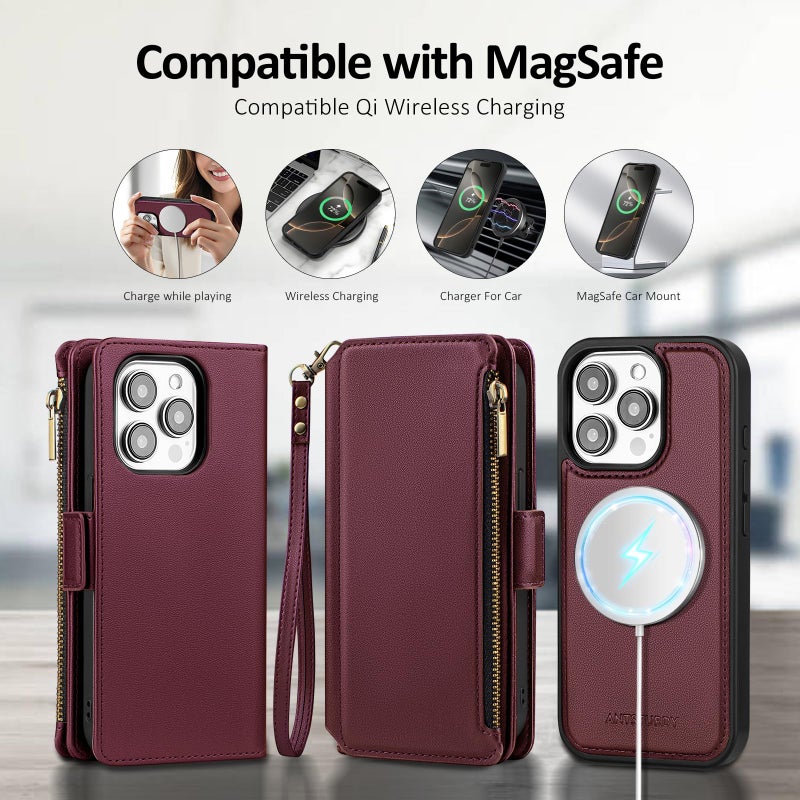 Antsturdy Compatible with Magsafe Magnetic 2 in 1 Detachable iPhone 15 Pro Max Wallet Case with Credit Card Holder Slots,PU Leather RFID Blocking Phone Cover Wrist Strap Zipper Women Men,Wine Red - Image 5